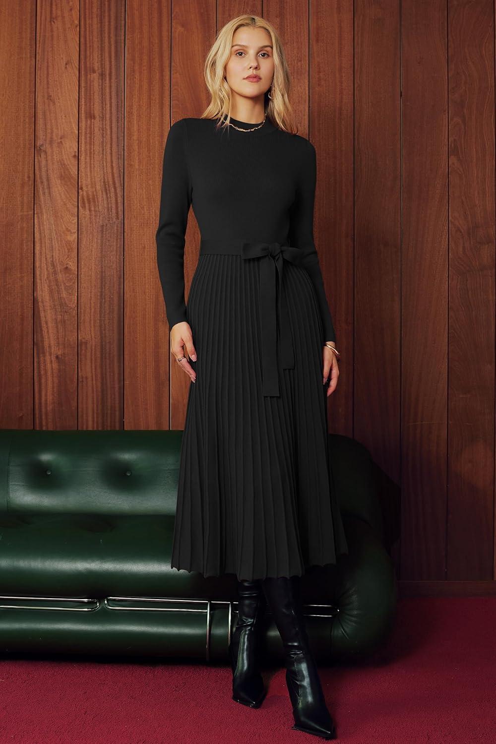 imageArachampCloz Womens Wool Blend Mock Neck Tie Waist Fall Winter Pleated Sweater Dress 2026Black