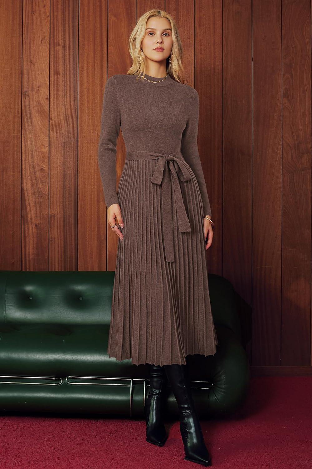 imageArachampCloz Womens Wool Blend Mock Neck Tie Waist Fall Winter Pleated Sweater Dress 2026Coffee