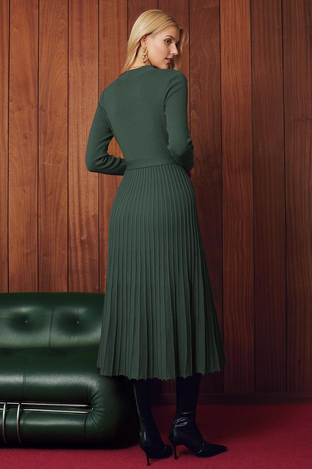 imageArachampCloz Womens Wool Blend Mock Neck Tie Waist Fall Winter Pleated Sweater Dress 2026Green
