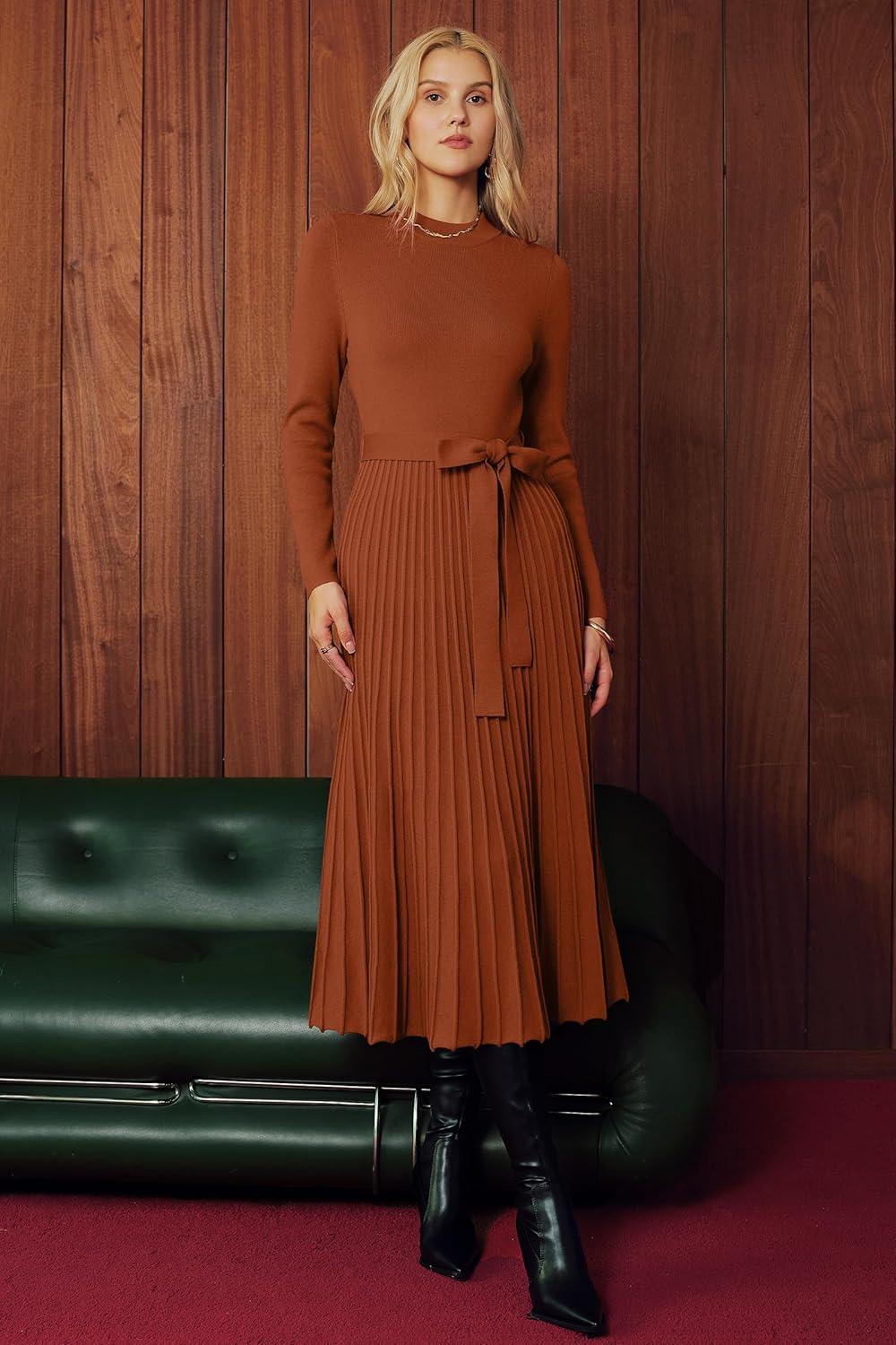 imageArachampCloz Womens Wool Blend Mock Neck Tie Waist Fall Winter Pleated Sweater Dress 2026Rust