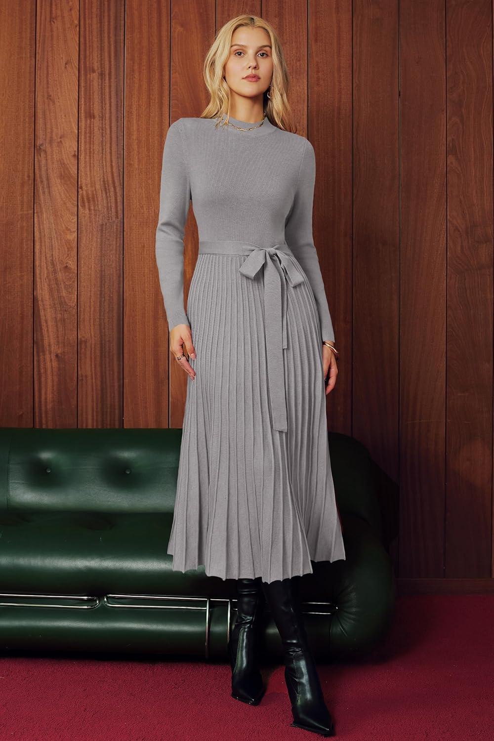 imageArachampCloz Womens Wool Blend Mock Neck Tie Waist Fall Winter Pleated Sweater Dress 2026Taupe