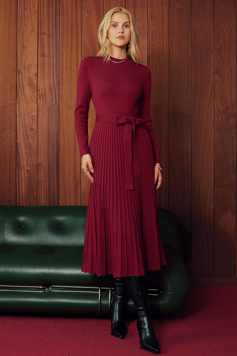 imageArachampCloz Womens Wool Blend Mock Neck Tie Waist Fall Winter Pleated Sweater Dress 2026Wine Red