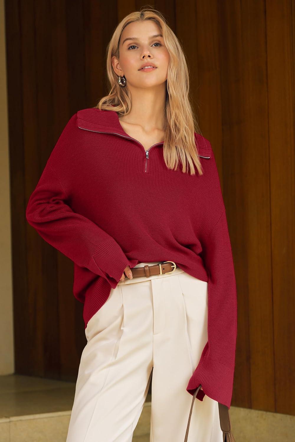 imageArachampCloz Womens Wool Blend Quarter Zip Pullover Sweater Trendy Winter Soft Casual Lapel Oversized Fit TopBurgundy