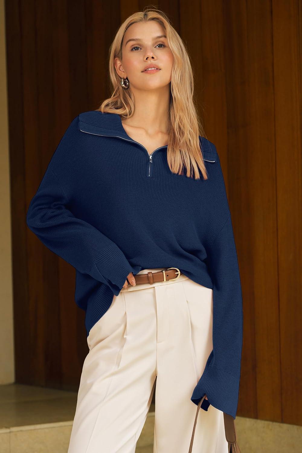 imageArachampCloz Womens Wool Blend Quarter Zip Pullover Sweater Trendy Winter Soft Casual Lapel Oversized Fit TopNavy