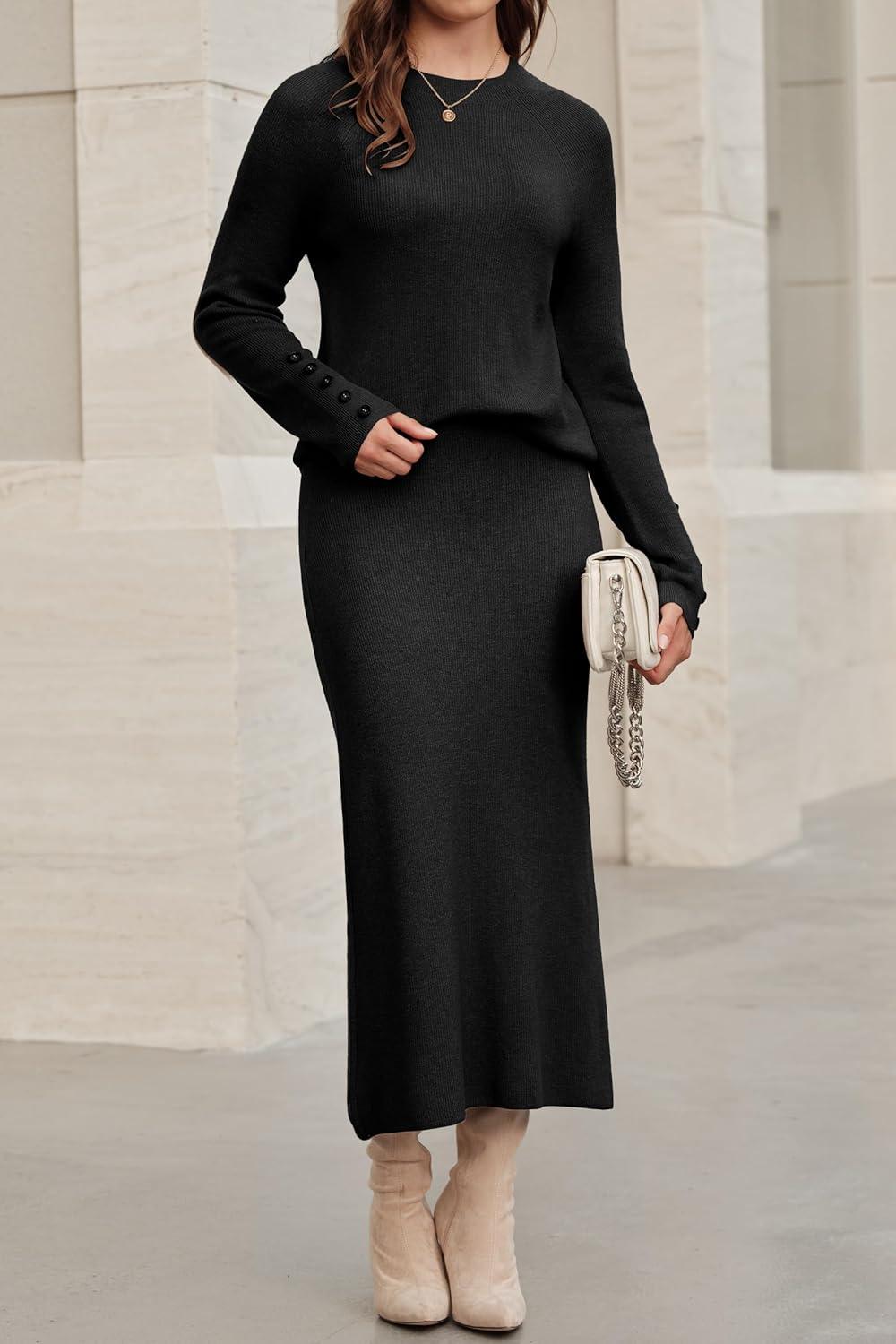 imageArachampCloz Womens Wool Blend Sweater 2 Piece Sets Business Lounge Long Sleeve Top Midi Dress OutfitsBlack