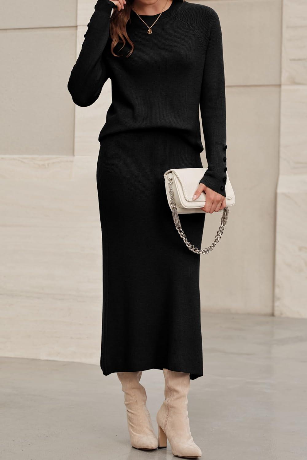 imageArachampCloz Womens Wool Blend Sweater 2 Piece Sets Business Lounge Long Sleeve Top Midi Dress OutfitsBlack