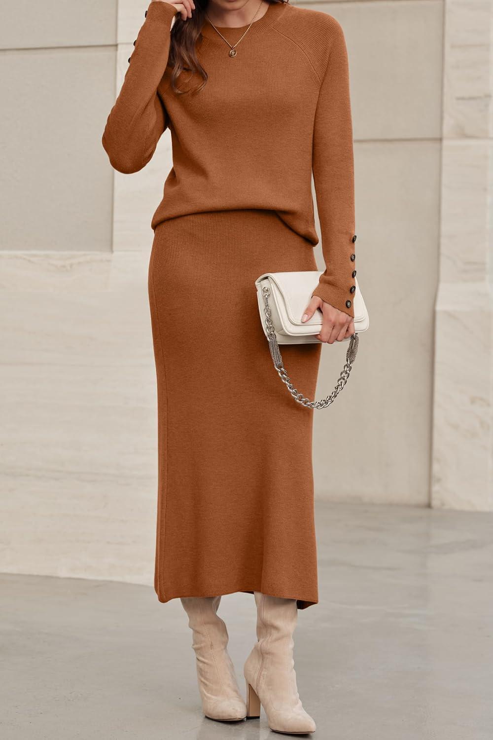 imageArachampCloz Womens Wool Blend Sweater 2 Piece Sets Business Lounge Long Sleeve Top Midi Dress OutfitsCaramel