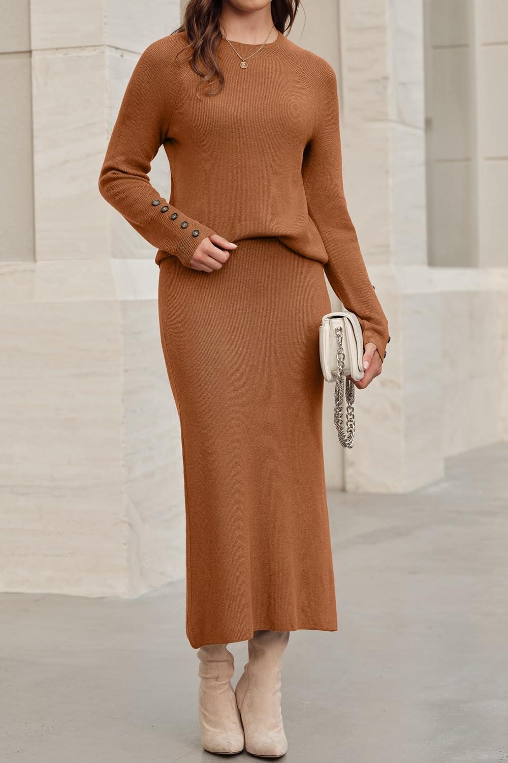 imageArachampCloz Womens Wool Blend Sweater 2 Piece Sets Business Lounge Long Sleeve Top Midi Dress OutfitsCaramel