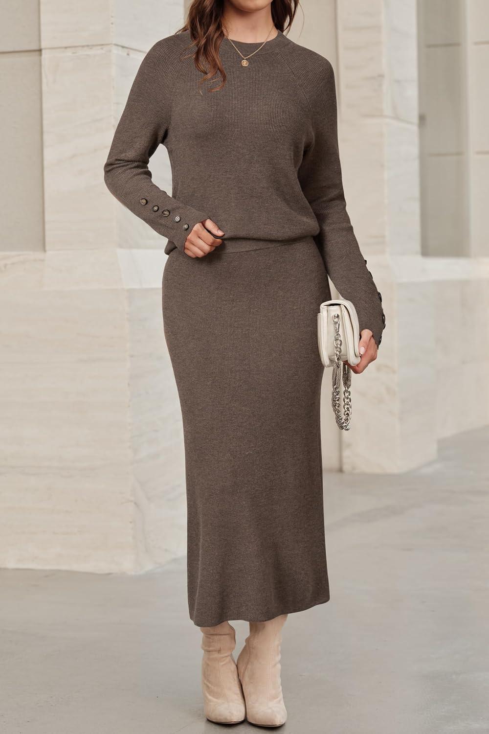 imageArachampCloz Womens Wool Blend Sweater 2 Piece Sets Business Lounge Long Sleeve Top Midi Dress OutfitsCoffee