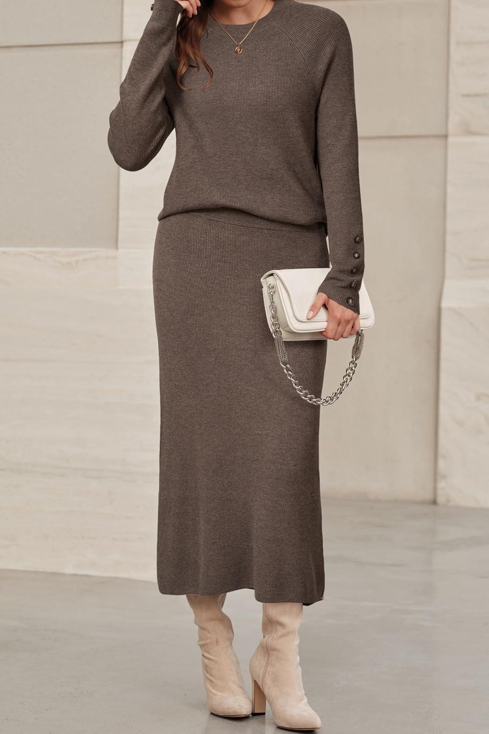 imageArachampCloz Womens Wool Blend Sweater 2 Piece Sets Business Lounge Long Sleeve Top Midi Dress OutfitsCoffee