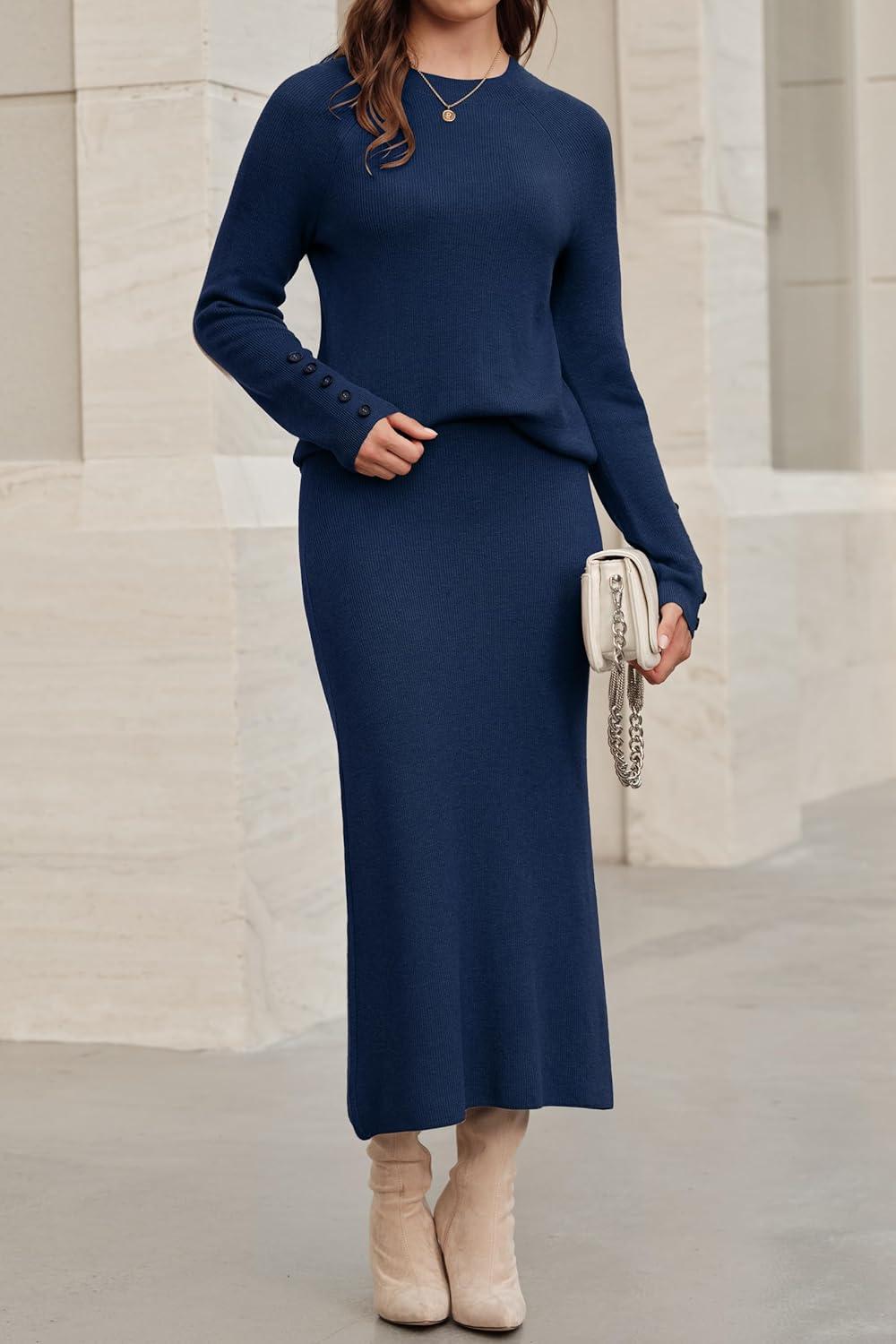 imageArachampCloz Womens Wool Blend Sweater 2 Piece Sets Business Lounge Long Sleeve Top Midi Dress OutfitsNavy