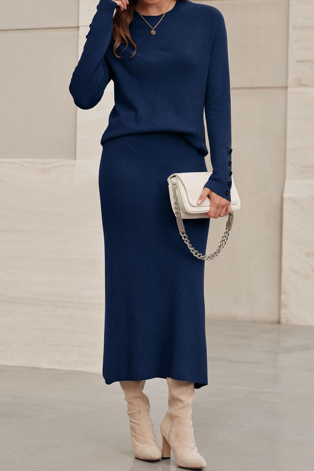 imageArachampCloz Womens Wool Blend Sweater 2 Piece Sets Business Lounge Long Sleeve Top Midi Dress OutfitsNavy