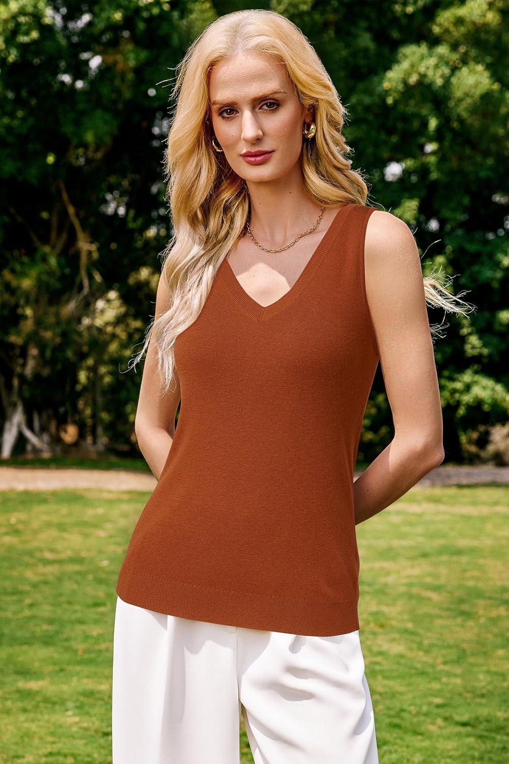 imageArachampCloz Womens Wool Blend Sweaters Non See Through Double VNeck AllSeason Tank 2026Caramel