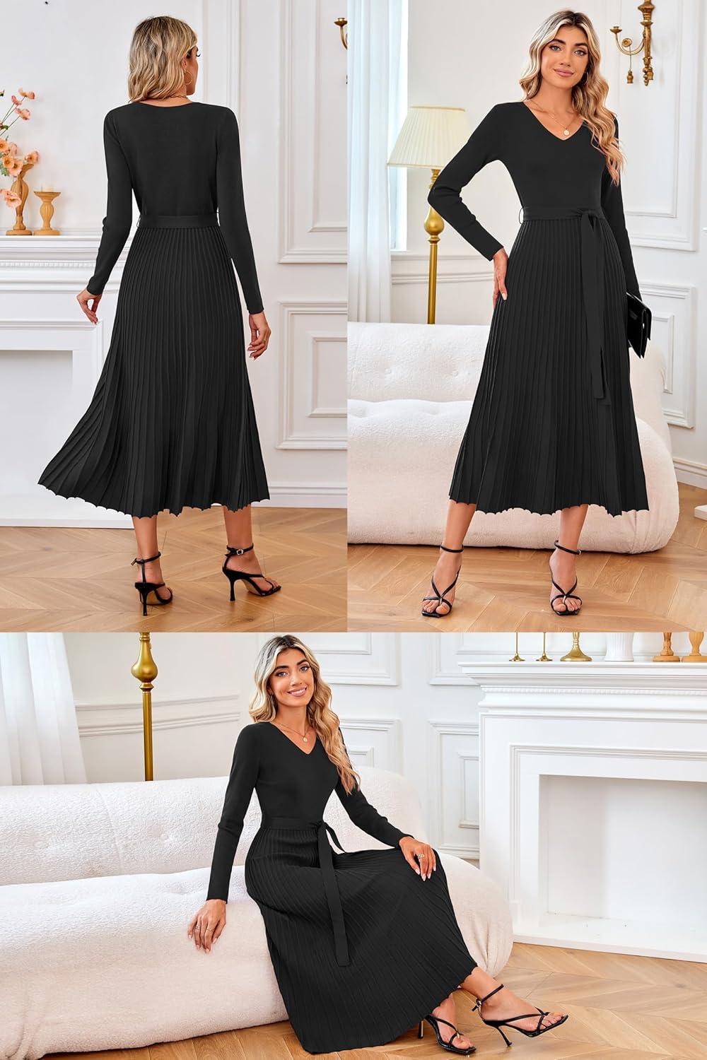 imageArachampCloz Womens Wool Blend Tie Waist Pleated Fall Sweater Dress 2025Black