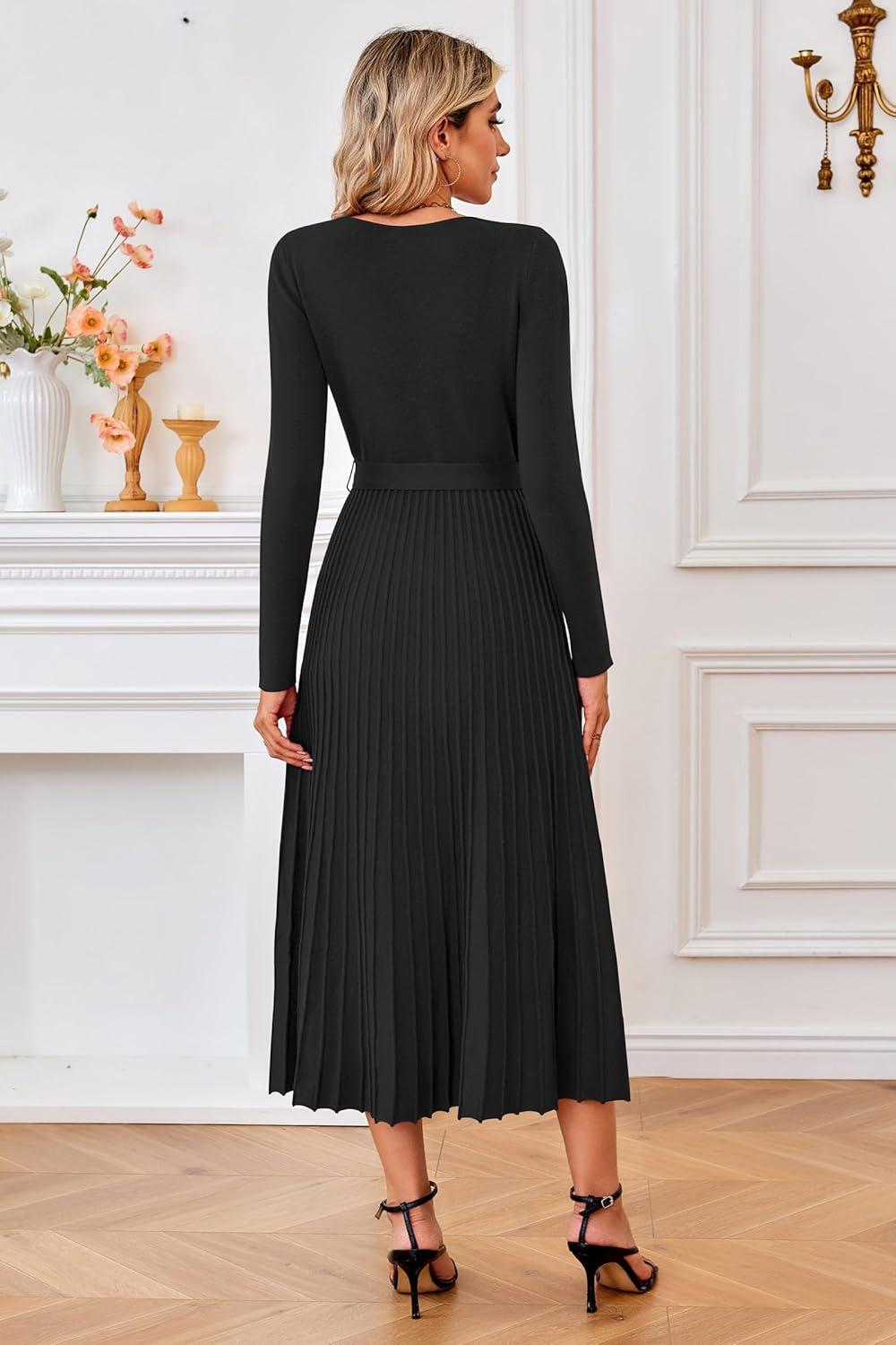 imageArachampCloz Womens Wool Blend Tie Waist Pleated Fall Sweater Dress 2025Black