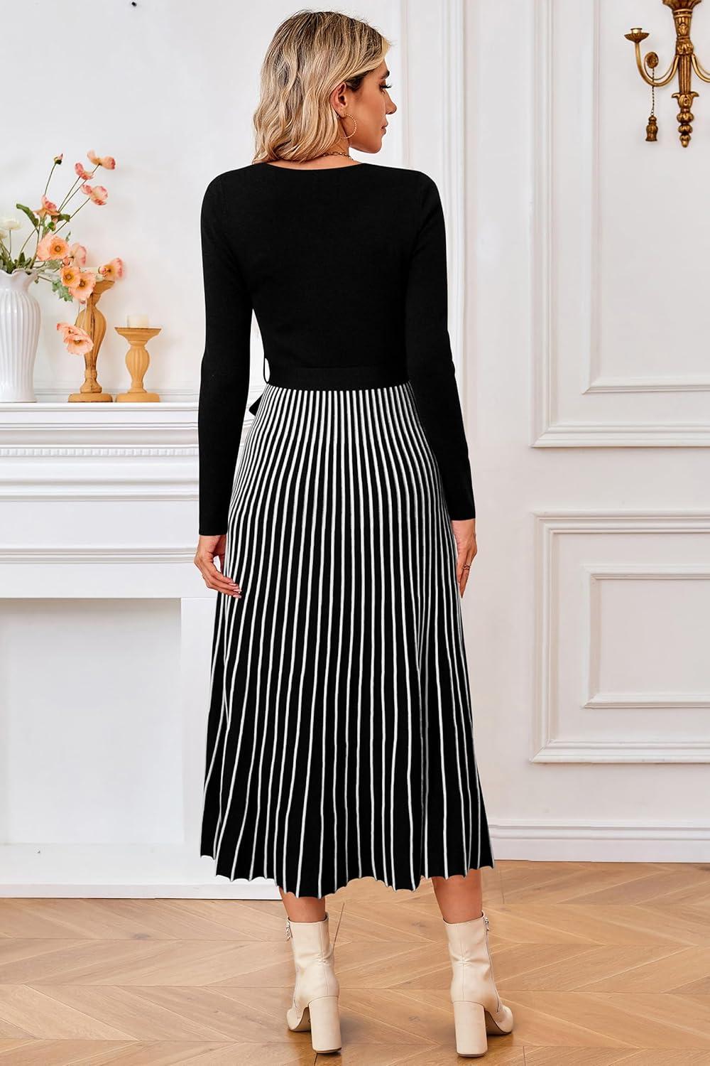 imageArachampCloz Womens Wool Blend Tie Waist Pleated Fall Sweater Dress 2025Blackwhite Stripe