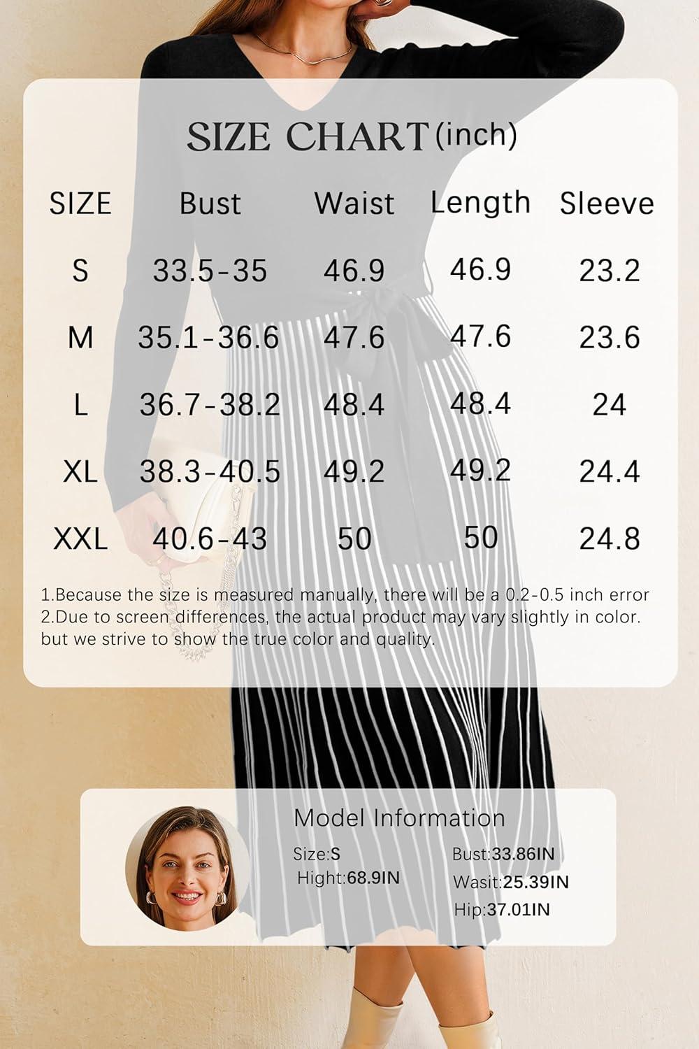 imageArachampCloz Womens Wool Blend Tie Waist Pleated Fall Sweater Dress 2025Blackwhite Stripe