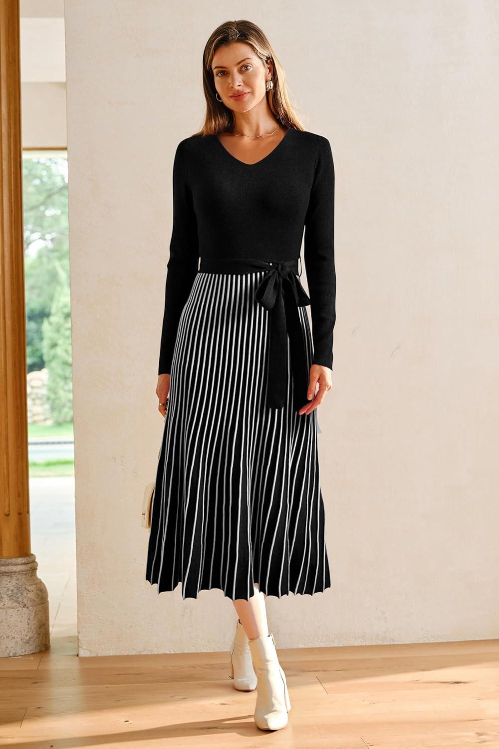 imageArachampCloz Womens Wool Blend Tie Waist Pleated Fall Sweater Dress 2025Blackwhite Stripe