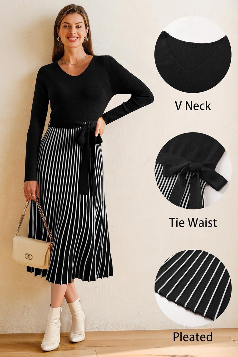 imageArachampCloz Womens Wool Blend Tie Waist Pleated Fall Sweater Dress 2025Blackwhite Stripe