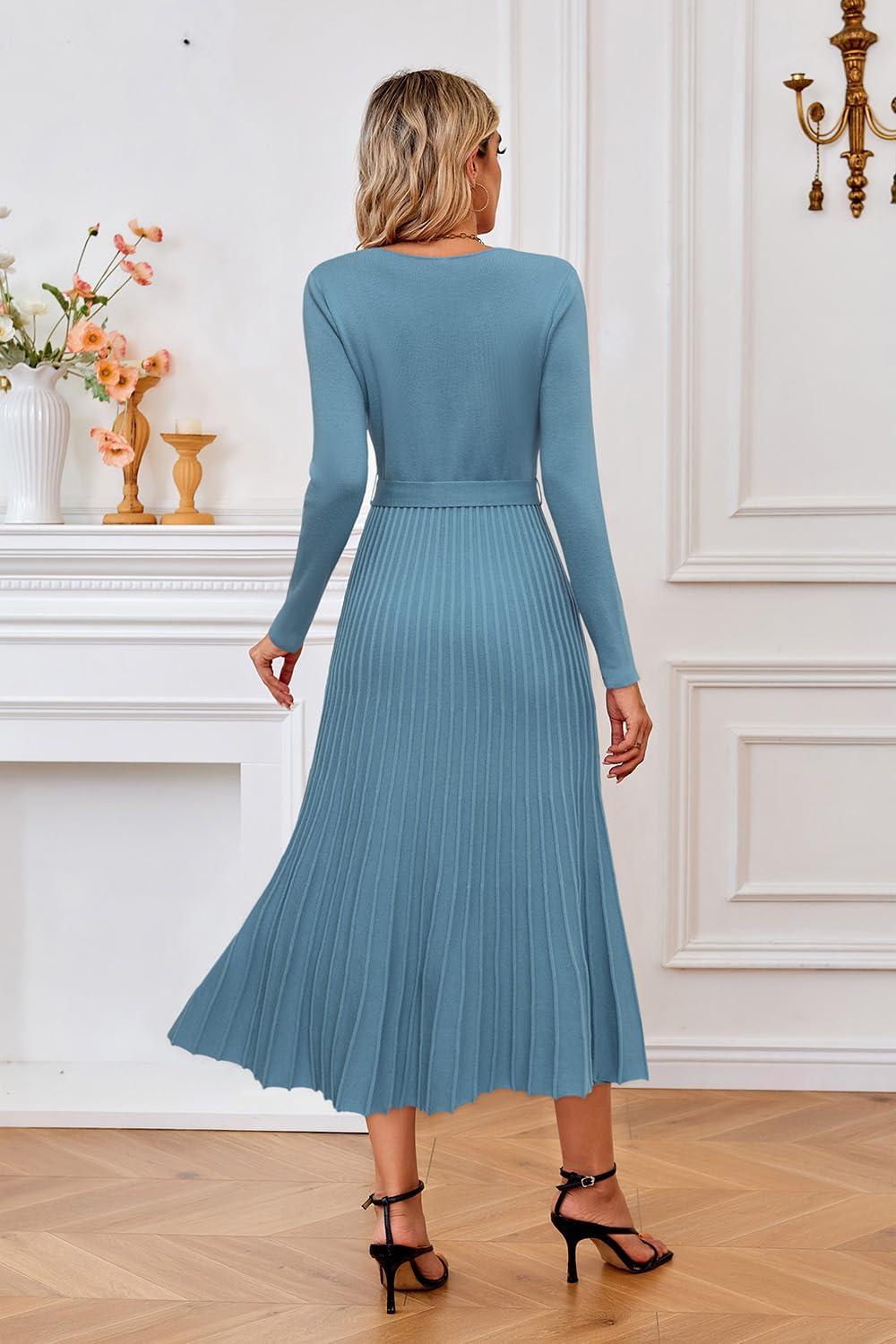 imageArachampCloz Womens Wool Blend Tie Waist Pleated Fall Sweater Dress 2025Blue