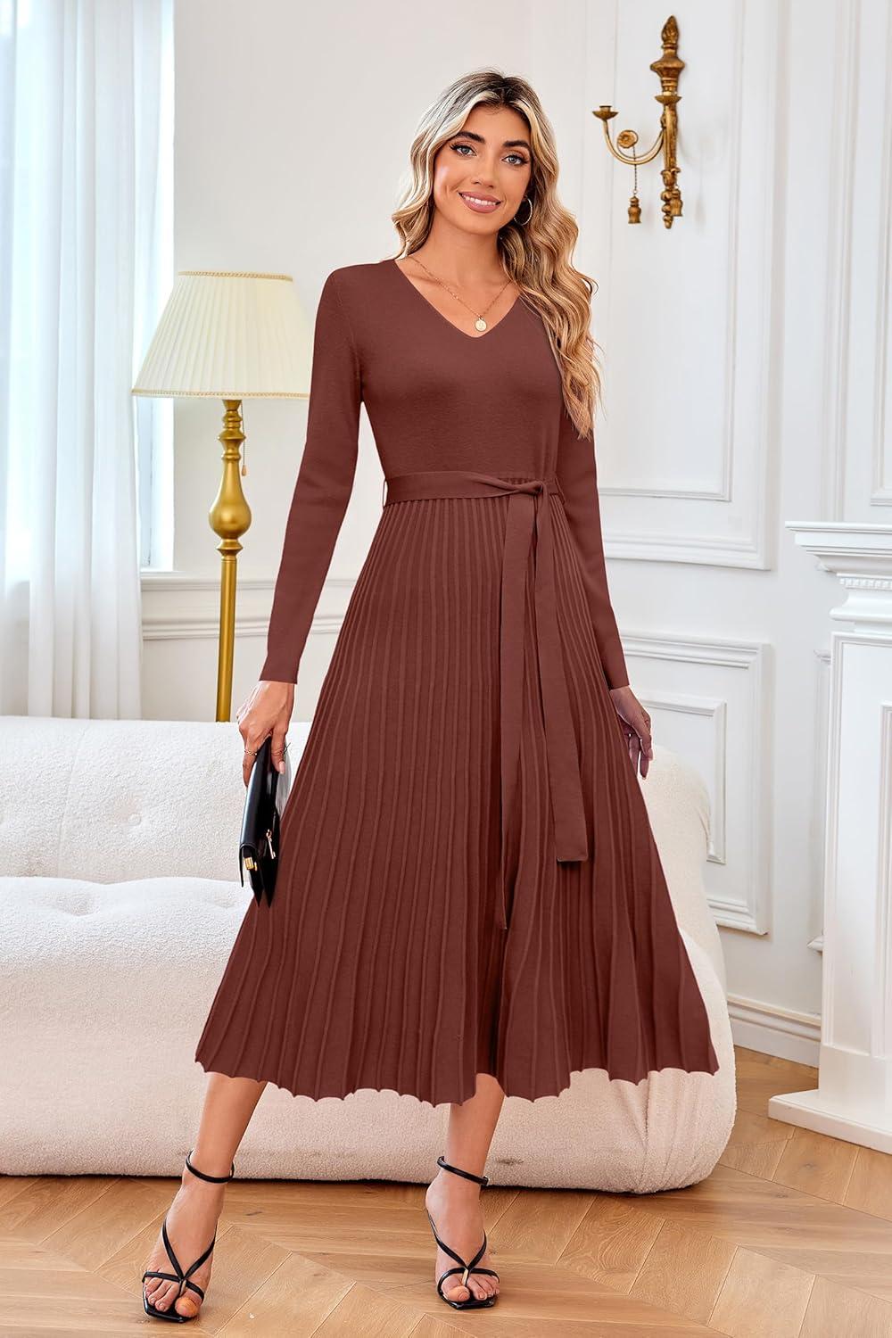 imageArachampCloz Womens Wool Blend Tie Waist Pleated Fall Sweater Dress 2025Brown Red