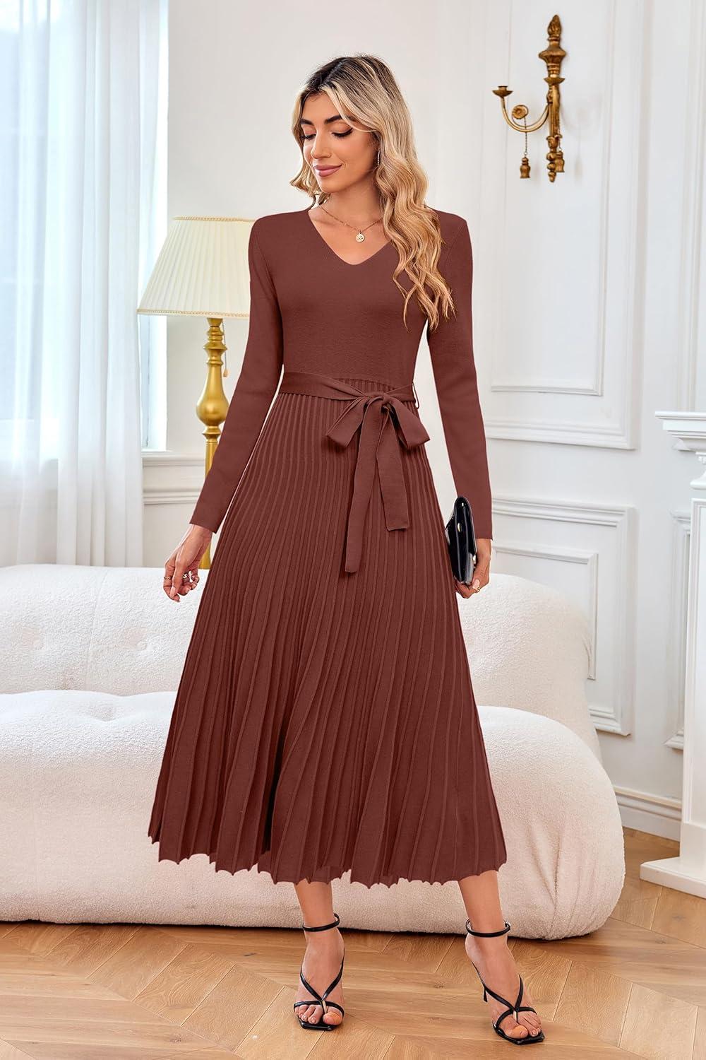 imageArachampCloz Womens Wool Blend Tie Waist Pleated Fall Sweater Dress 2025Brown Red