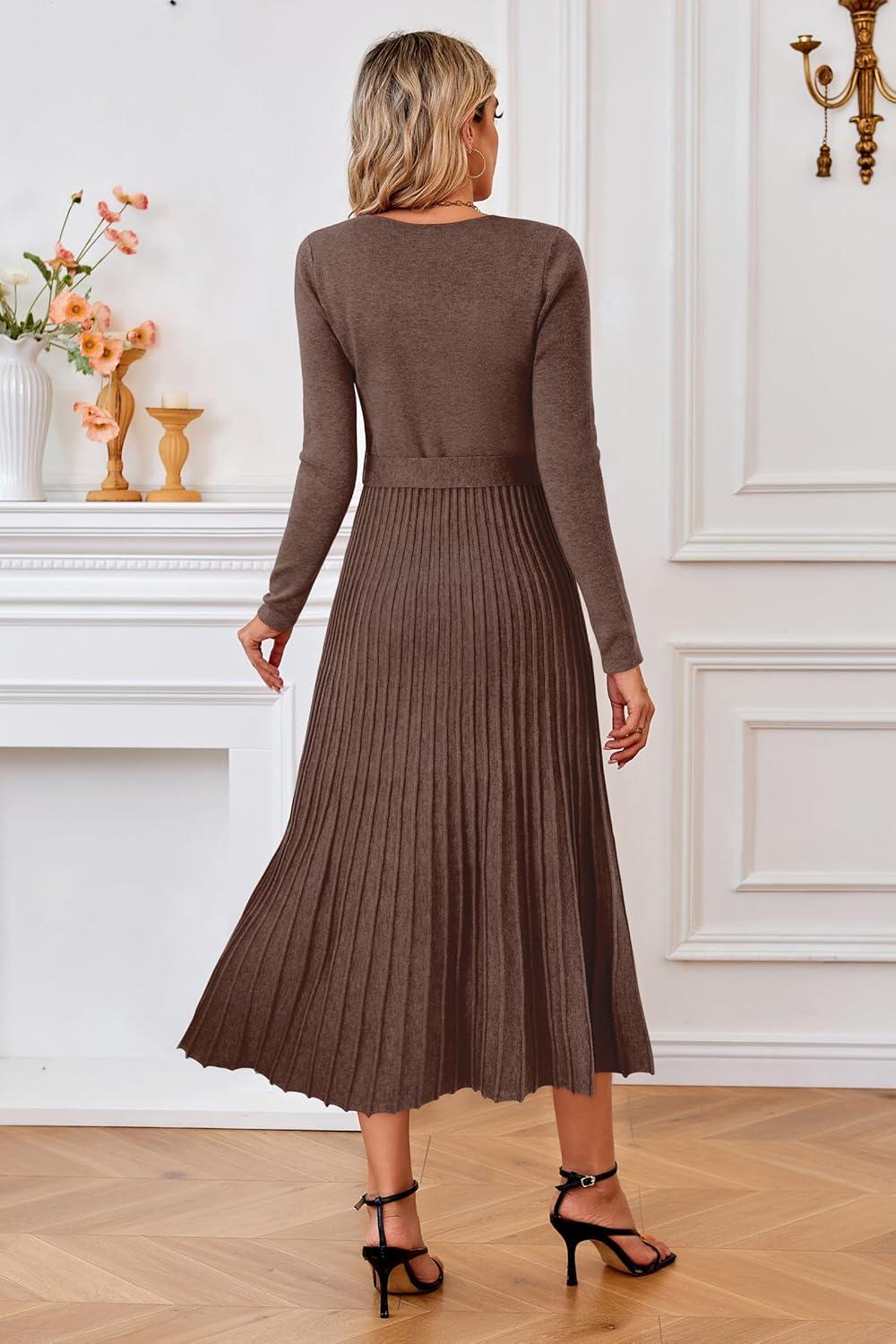 imageArachampCloz Womens Wool Blend Tie Waist Pleated Fall Sweater Dress 2025Coffee
