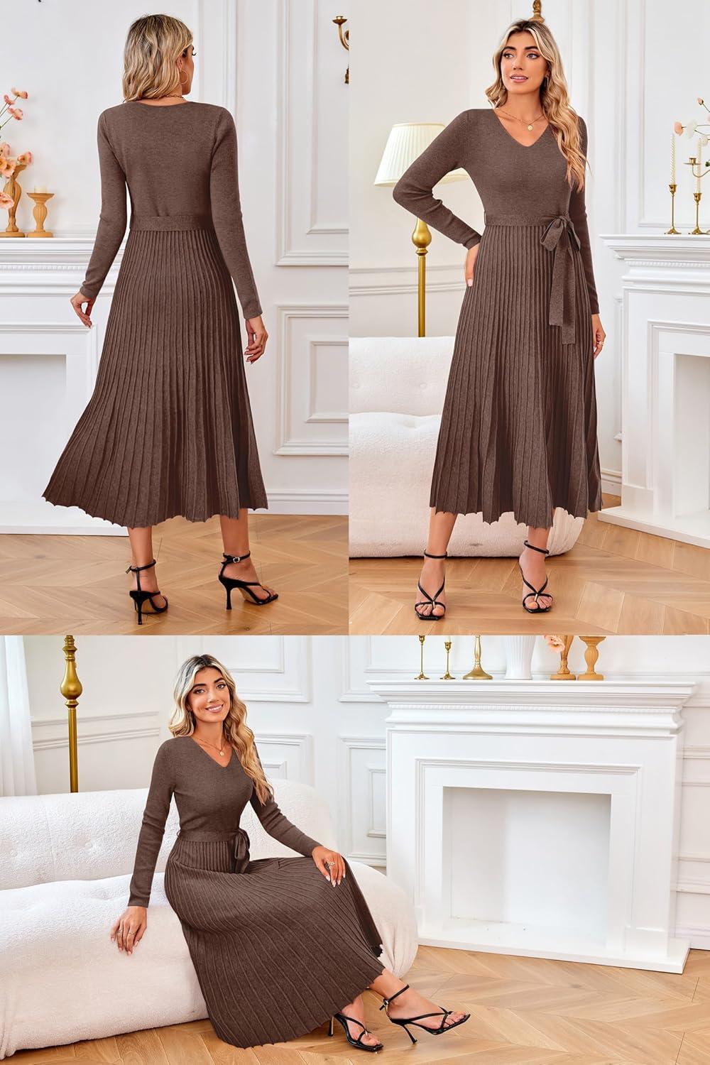 imageArachampCloz Womens Wool Blend Tie Waist Pleated Fall Sweater Dress 2025Coffee