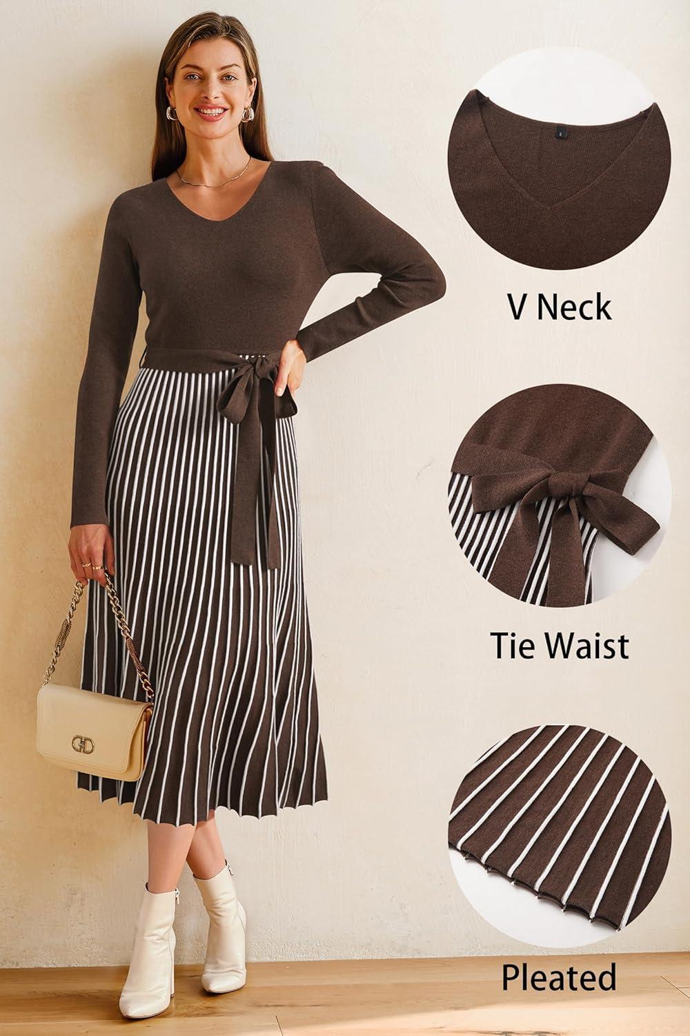 imageArachampCloz Womens Wool Blend Tie Waist Pleated Fall Sweater Dress 2025Coffeewhite Stripe