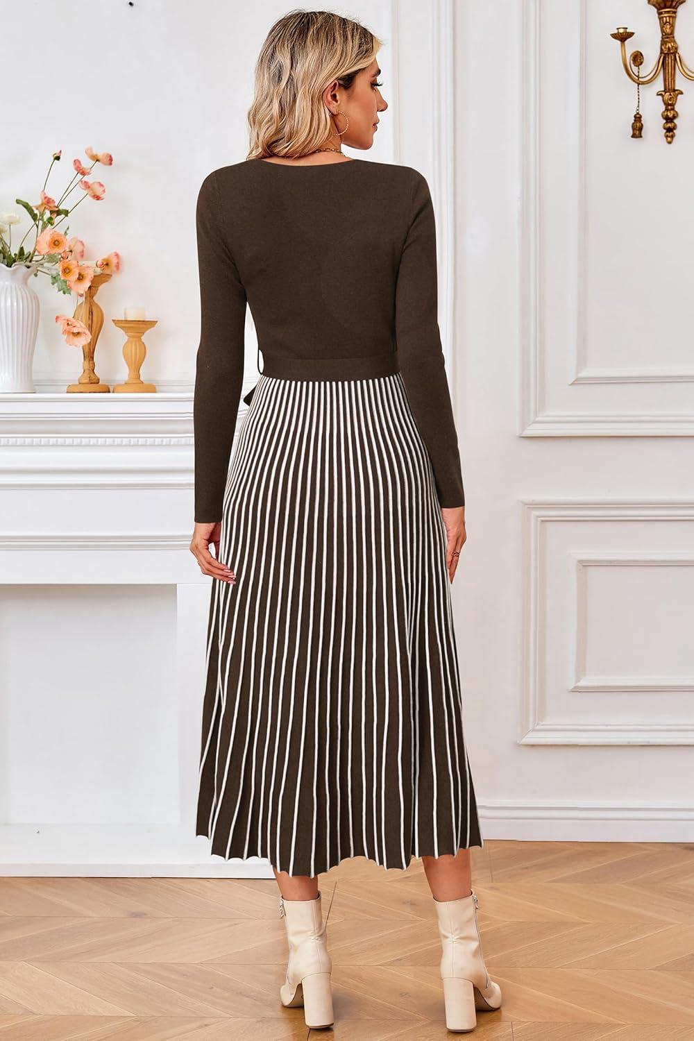 imageArachampCloz Womens Wool Blend Tie Waist Pleated Fall Sweater Dress 2025Coffeewhite Stripe