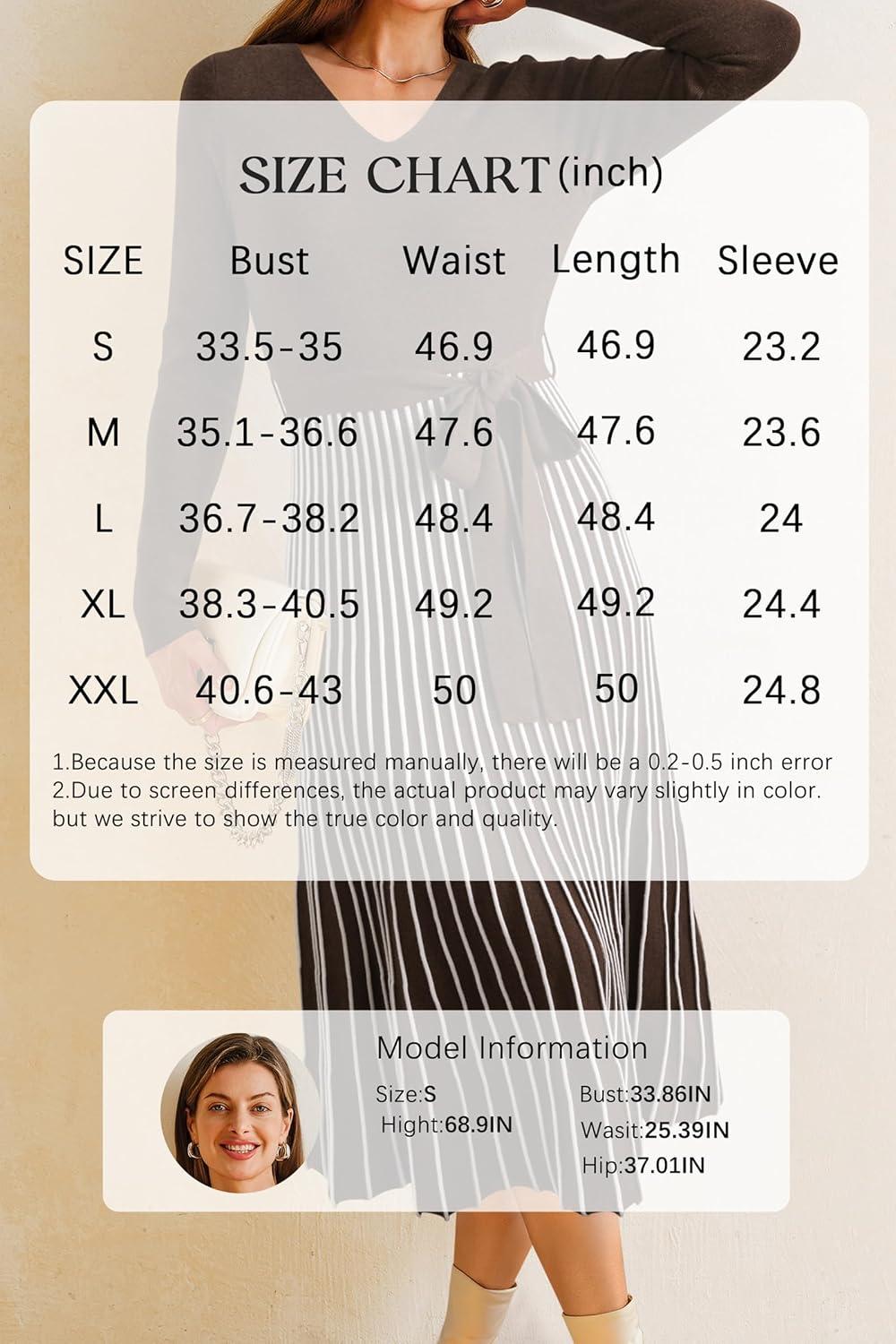 imageArachampCloz Womens Wool Blend Tie Waist Pleated Fall Sweater Dress 2025Coffeewhite Stripe