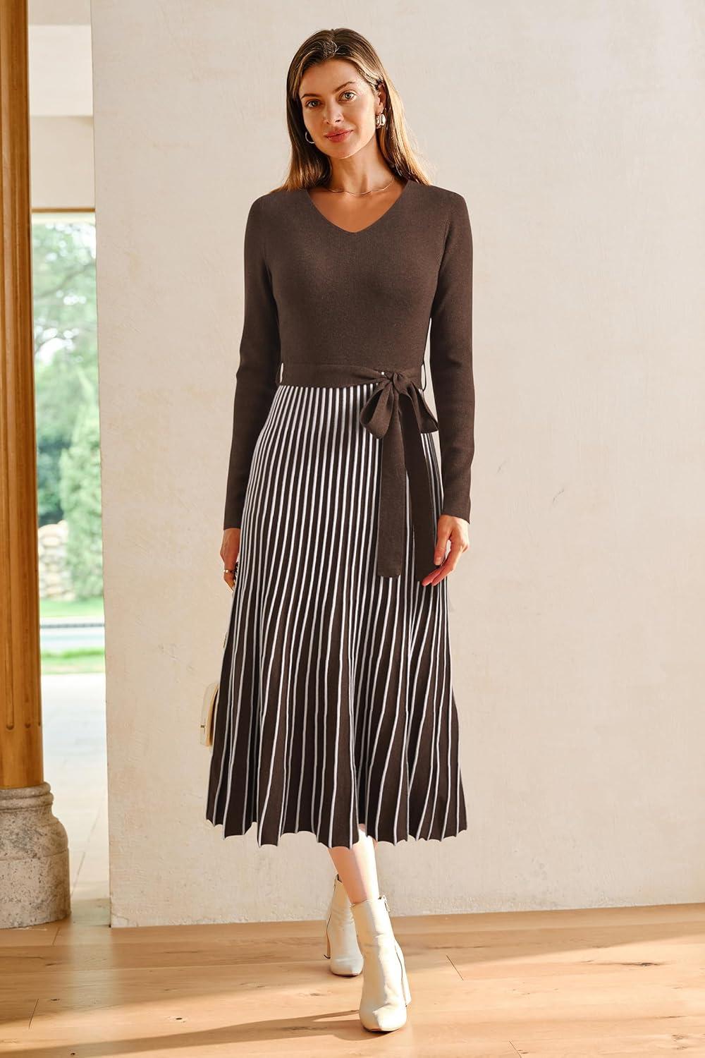 imageArachampCloz Womens Wool Blend Tie Waist Pleated Fall Sweater Dress 2025Coffeewhite Stripe
