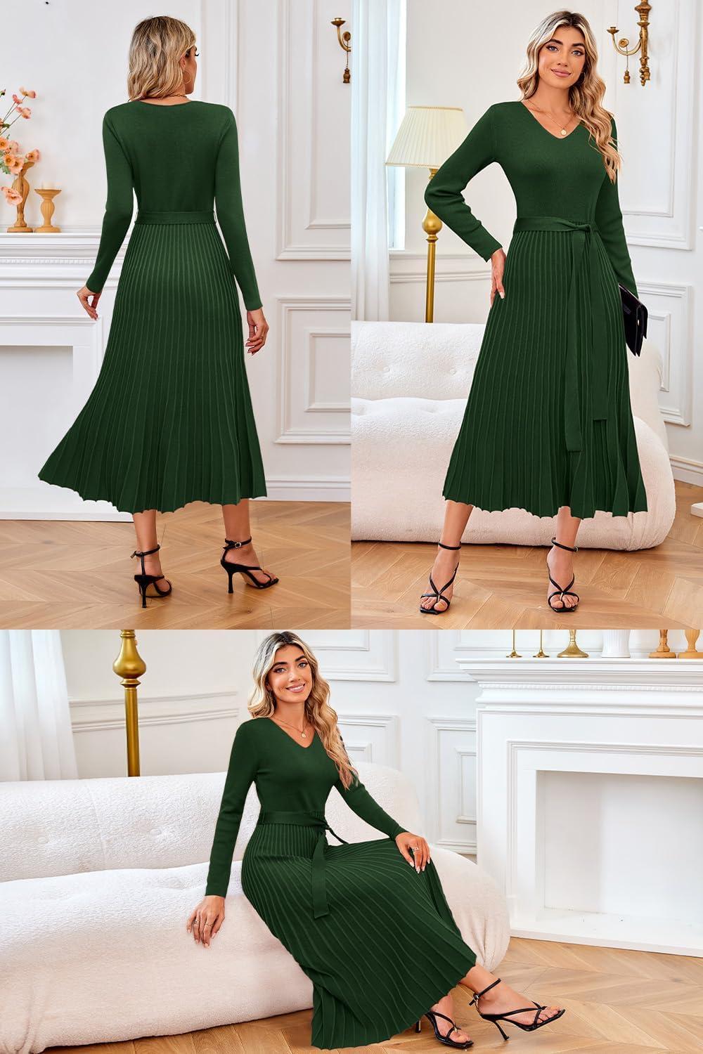 imageArachampCloz Womens Wool Blend Tie Waist Pleated Fall Sweater Dress 2025Dark Green