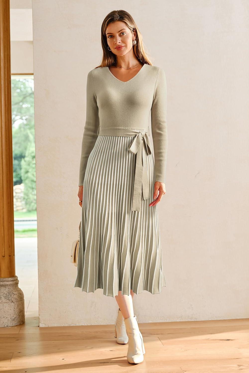 imageArachampCloz Womens Wool Blend Tie Waist Pleated Fall Sweater Dress 2025Khakiwhite Stripe