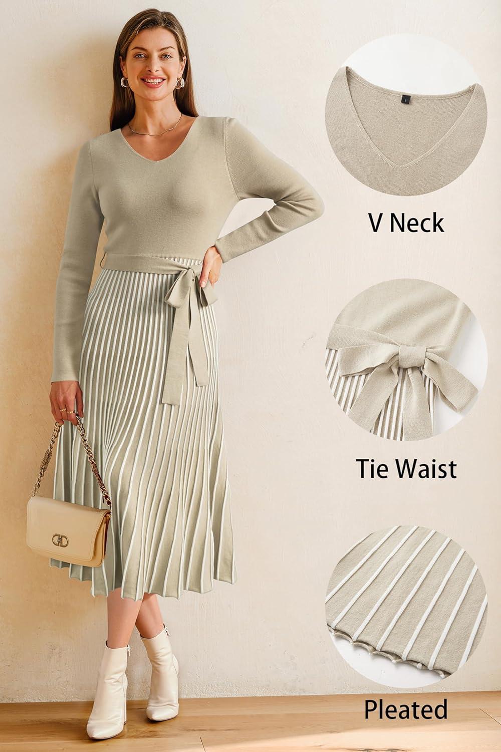 imageArachampCloz Womens Wool Blend Tie Waist Pleated Fall Sweater Dress 2025Khakiwhite Stripe