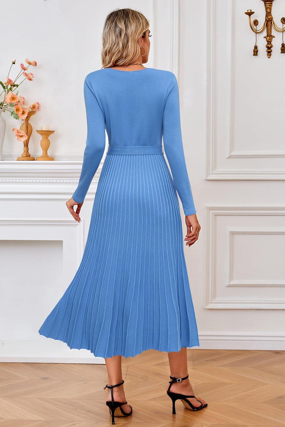 imageArachampCloz Womens Wool Blend Tie Waist Pleated Fall Sweater Dress 2025Lake Blue
