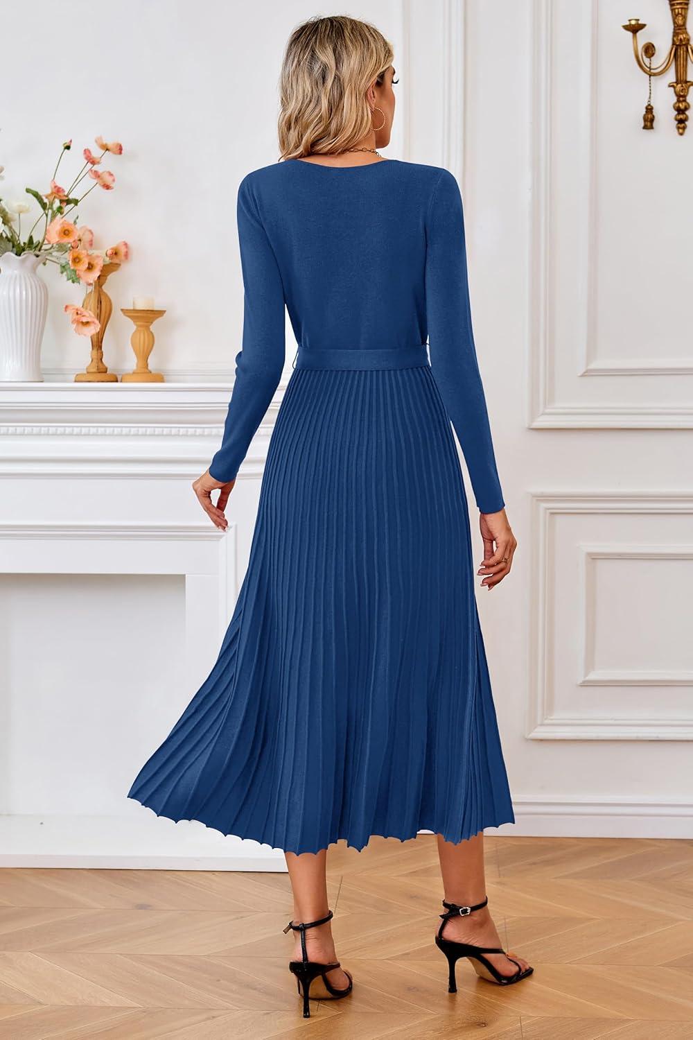 imageArachampCloz Womens Wool Blend Tie Waist Pleated Fall Sweater Dress 2025Navy
