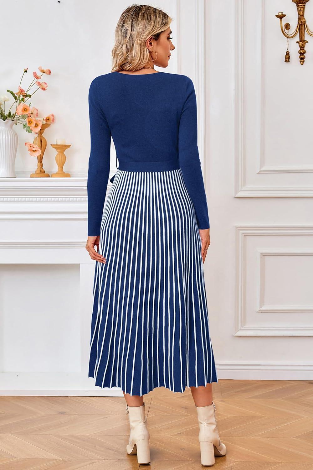 imageArachampCloz Womens Wool Blend Tie Waist Pleated Fall Sweater Dress 2025Navy Bluewhite Stripe