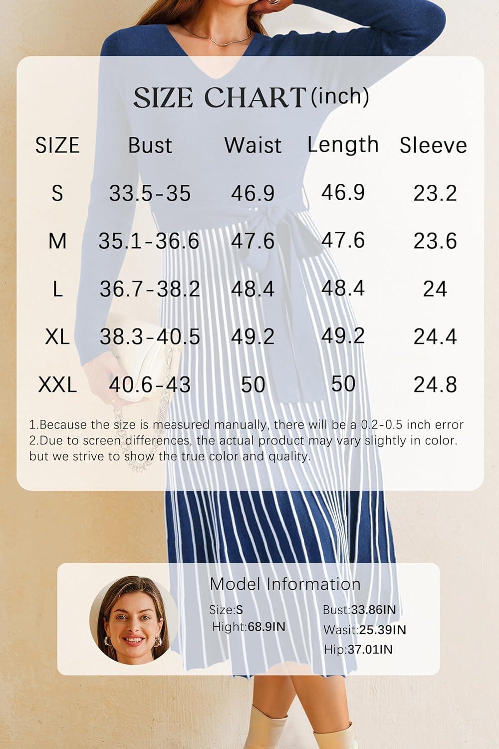 imageArachampCloz Womens Wool Blend Tie Waist Pleated Fall Sweater Dress 2025Navy Bluewhite Stripe