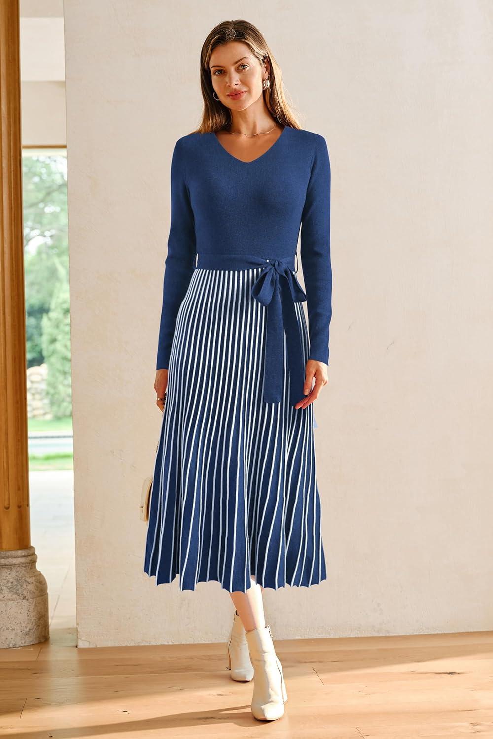 imageArachampCloz Womens Wool Blend Tie Waist Pleated Fall Sweater Dress 2025Navy Bluewhite Stripe