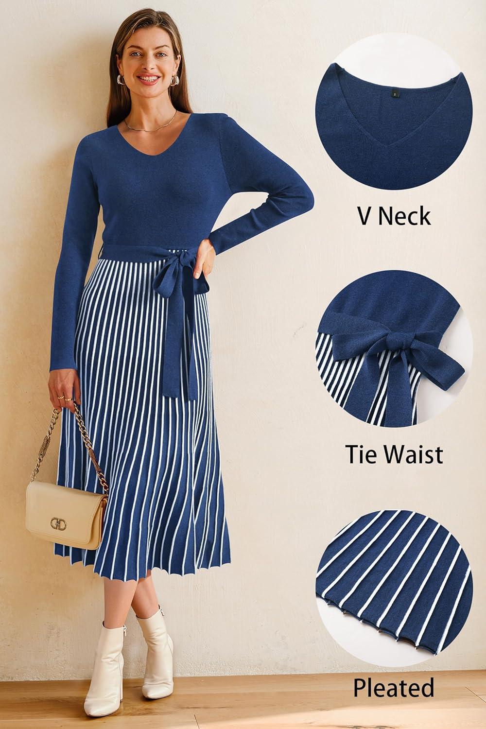 imageArachampCloz Womens Wool Blend Tie Waist Pleated Fall Sweater Dress 2025Navy Bluewhite Stripe