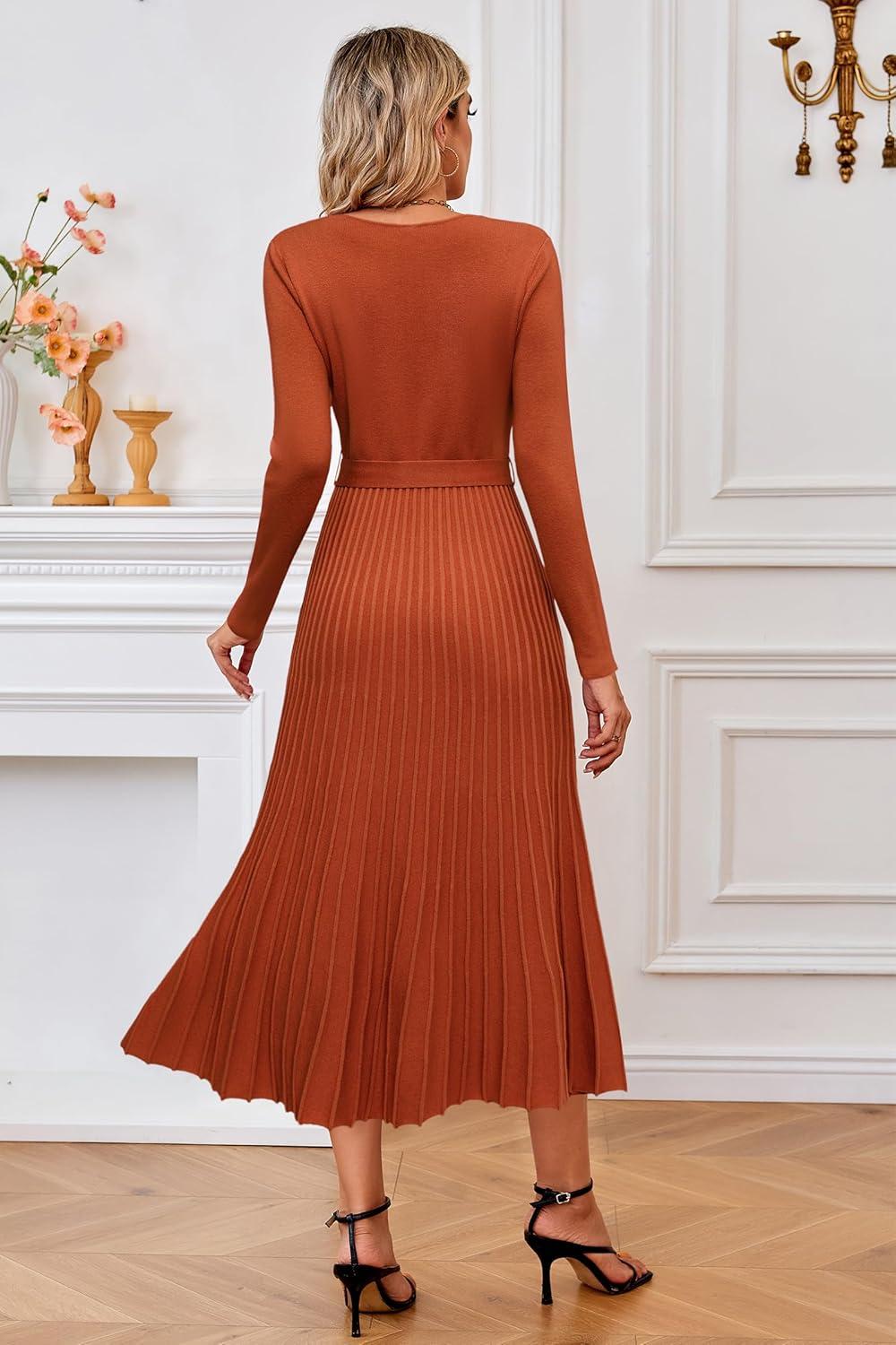 imageArachampCloz Womens Wool Blend Tie Waist Pleated Fall Sweater Dress 2025Rust