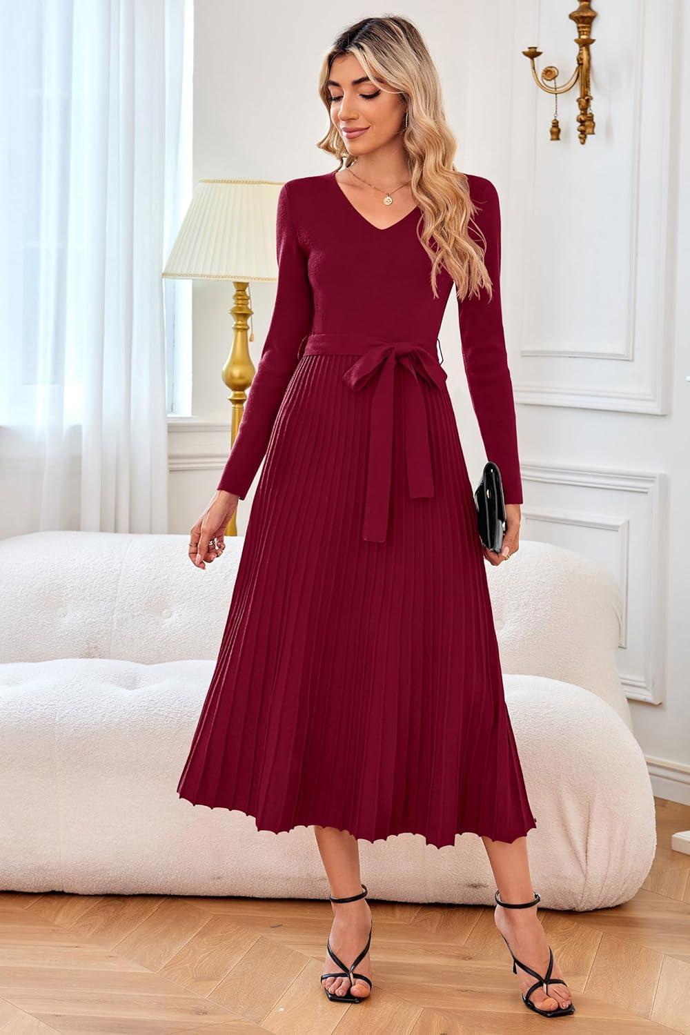 imageArachampCloz Womens Wool Blend Tie Waist Pleated Fall Sweater Dress 2025Wine Red
