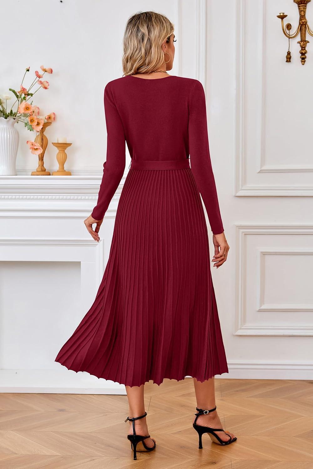 imageArachampCloz Womens Wool Blend Tie Waist Pleated Fall Sweater Dress 2025Wine Red
