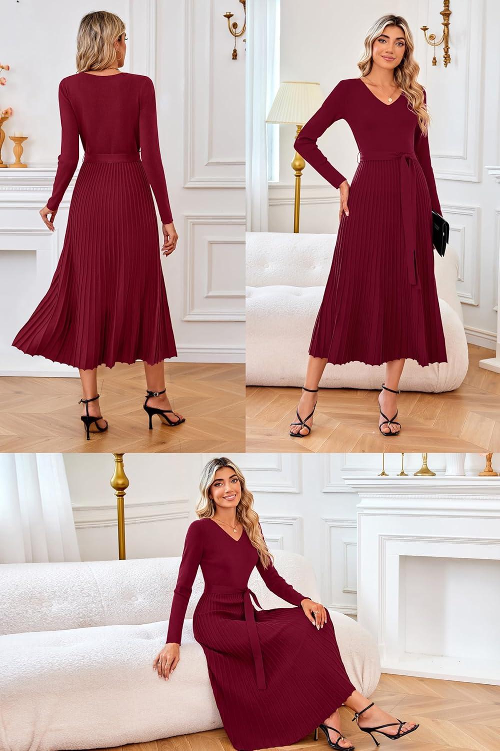 imageArachampCloz Womens Wool Blend Tie Waist Pleated Fall Sweater Dress 2025Wine Red