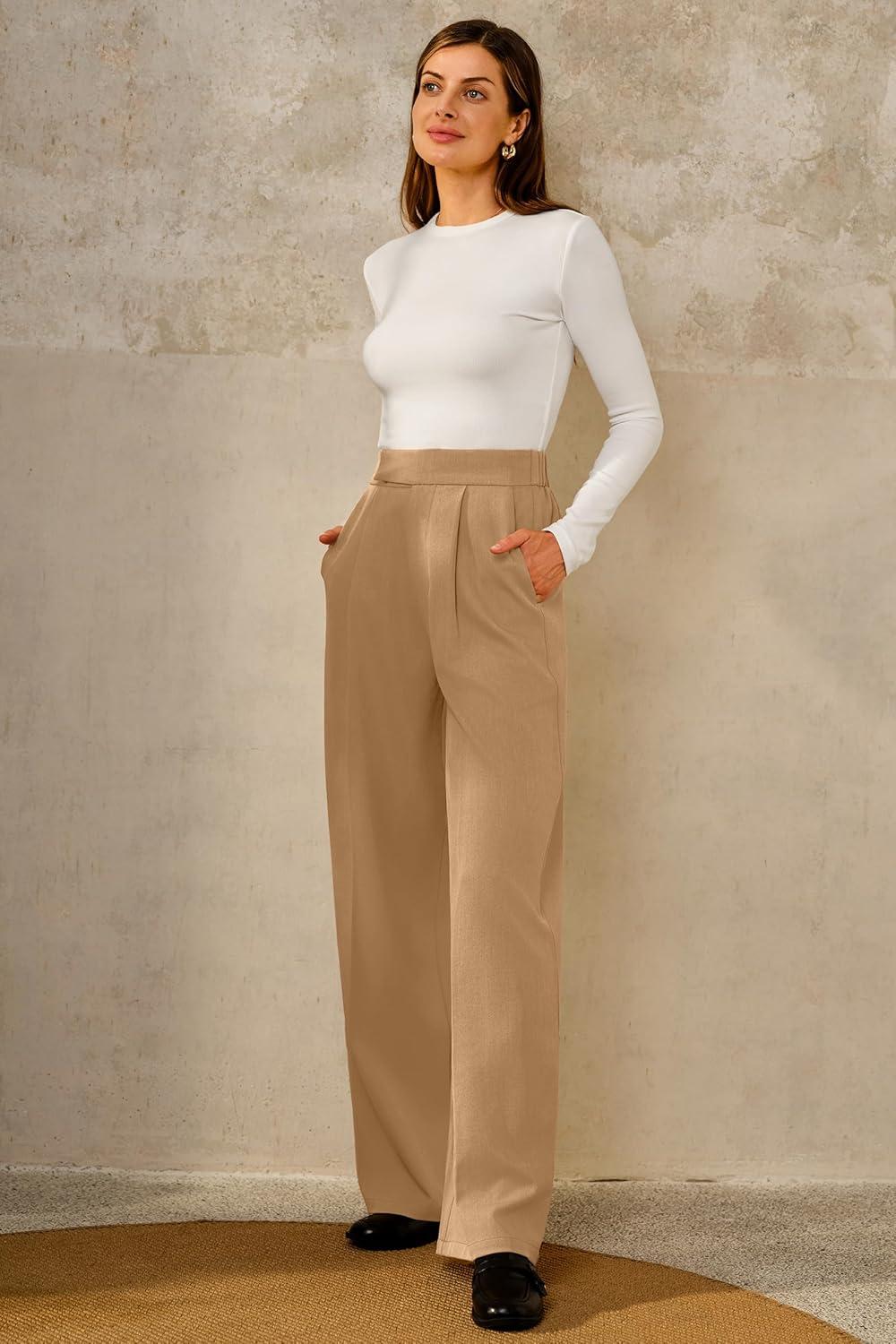imageArachampCloz Womens WrinkleFree Pleated High Waisted Business Casual Wide Leg Dress Pants 2026Camel