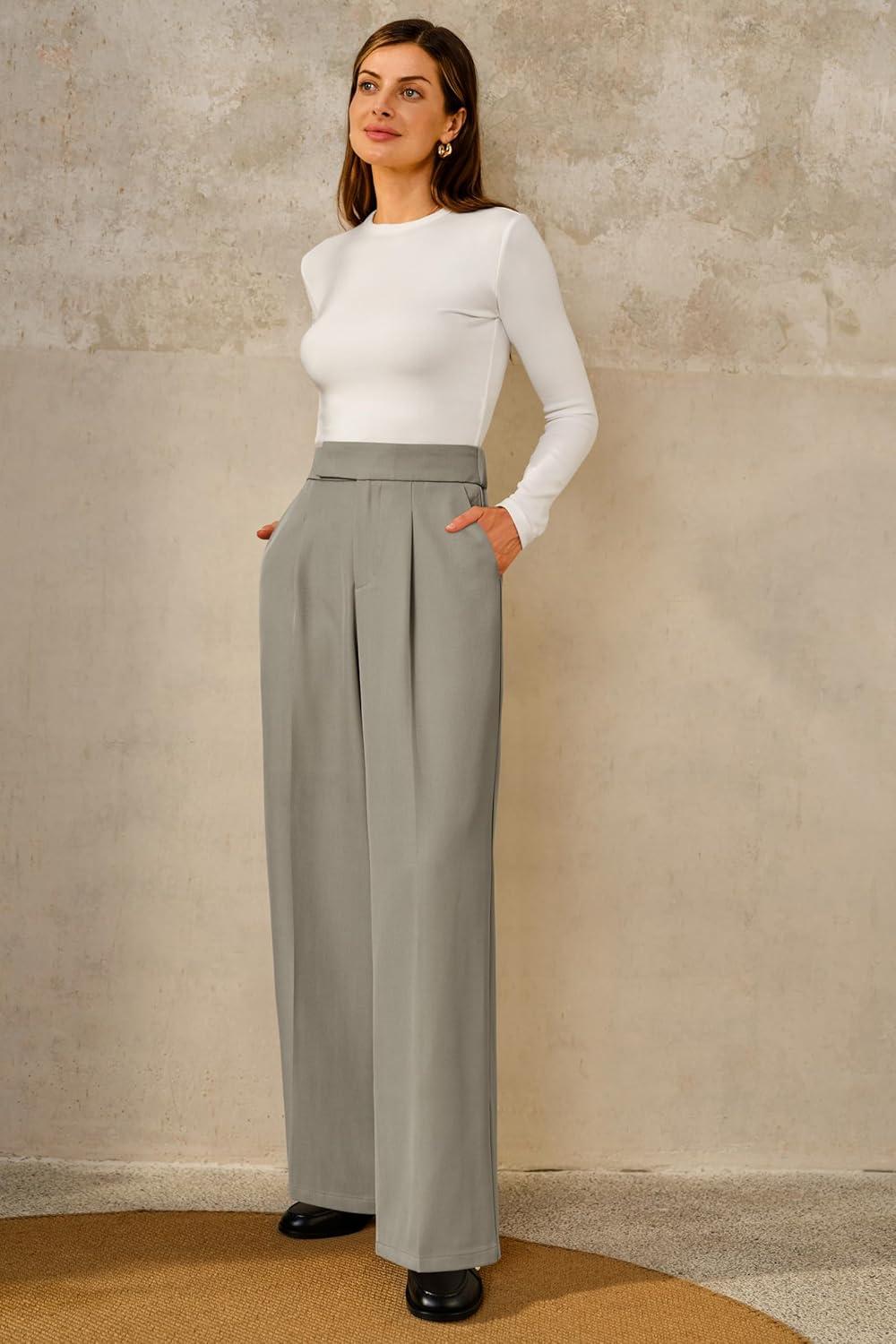 imageArachampCloz Womens WrinkleFree Pleated High Waisted Business Casual Wide Leg Dress Pants 2026Gray Mocha