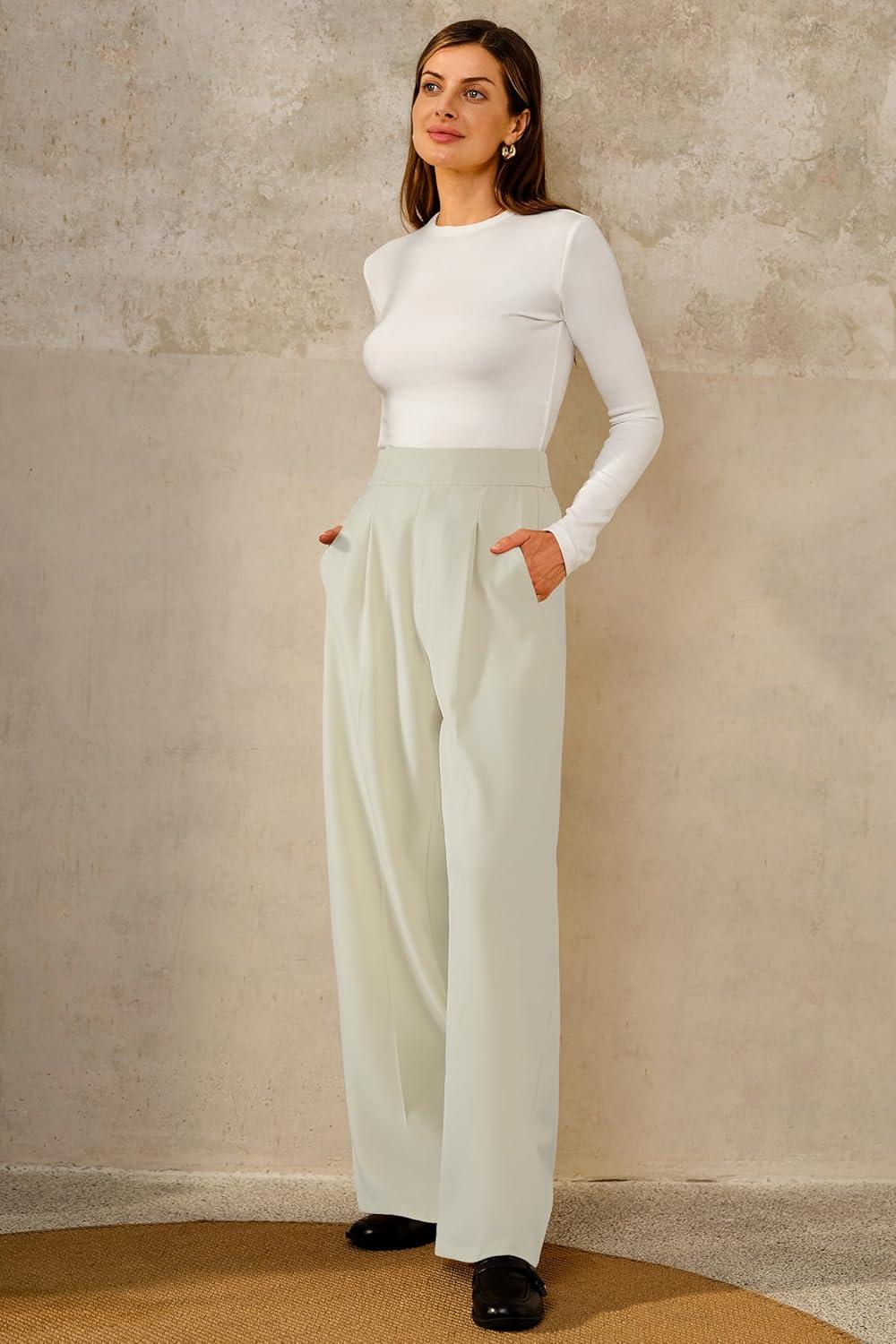 imageArachampCloz Womens WrinkleFree Pleated High Waisted Business Casual Wide Leg Dress Pants 2026Offwhite