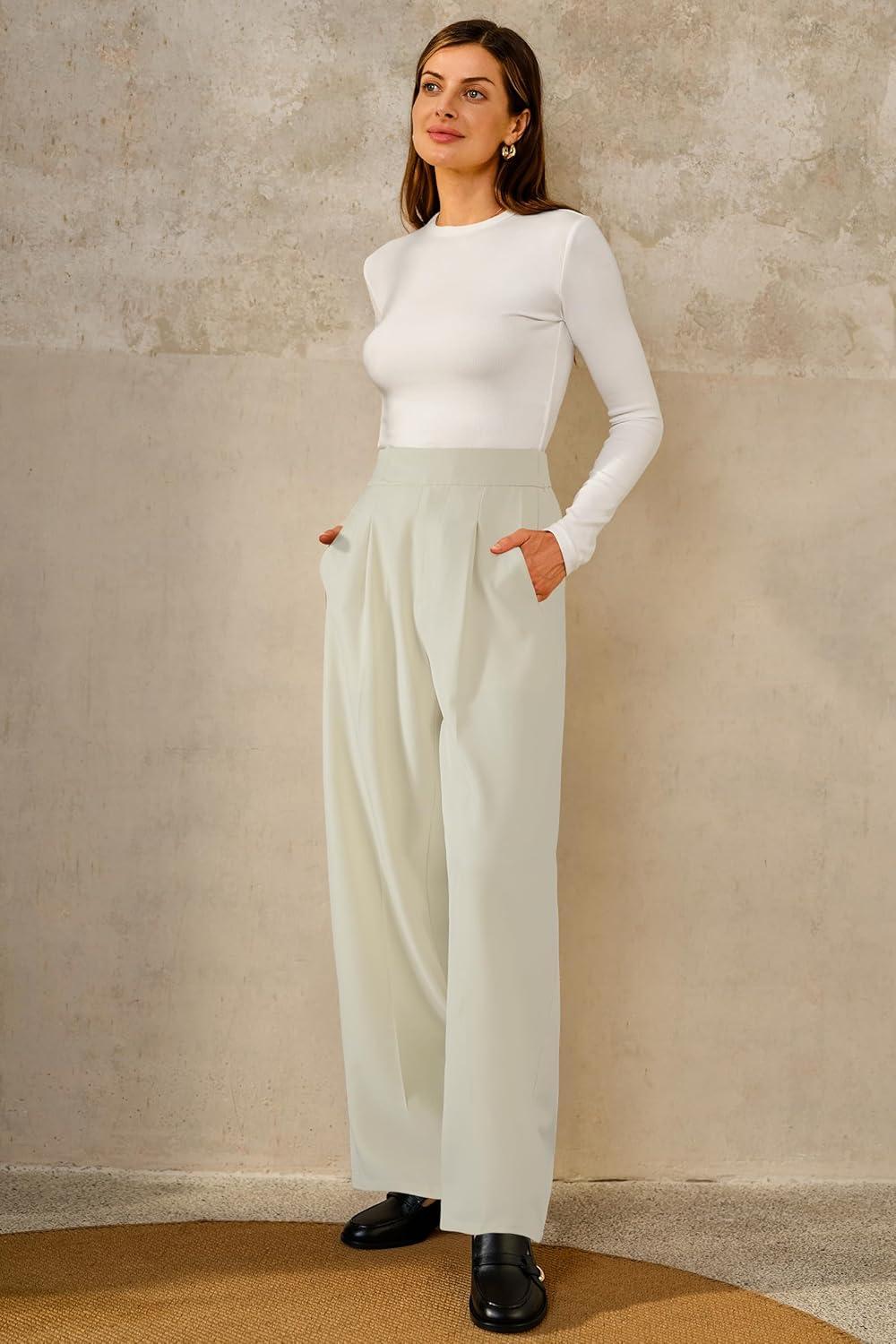 imageArachampCloz Womens WrinkleFree Pleated High Waisted Business Casual Wide Leg Dress Pants 2026Offwhite