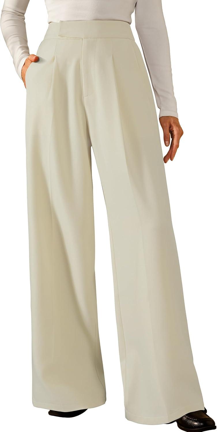 imageArachampCloz Womens WrinkleFree Pleated High Waisted Business Casual Wide Leg Dress Pants 2026Offwhite
